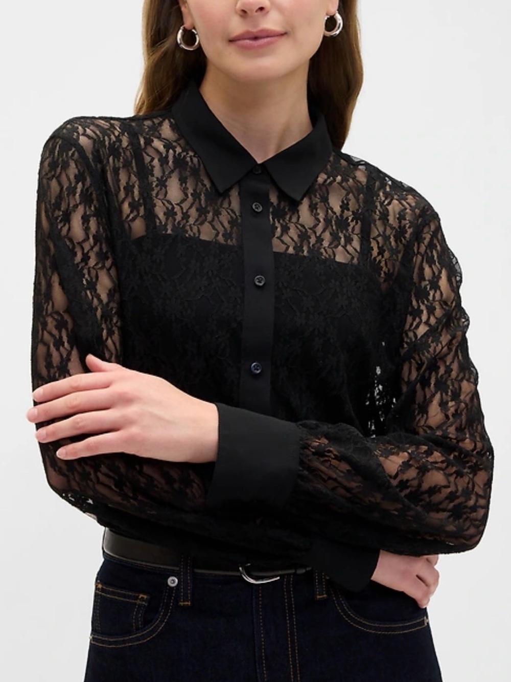 Gap Factory Sheer Black Lace Blouse Button Up Romantic Top Size XL